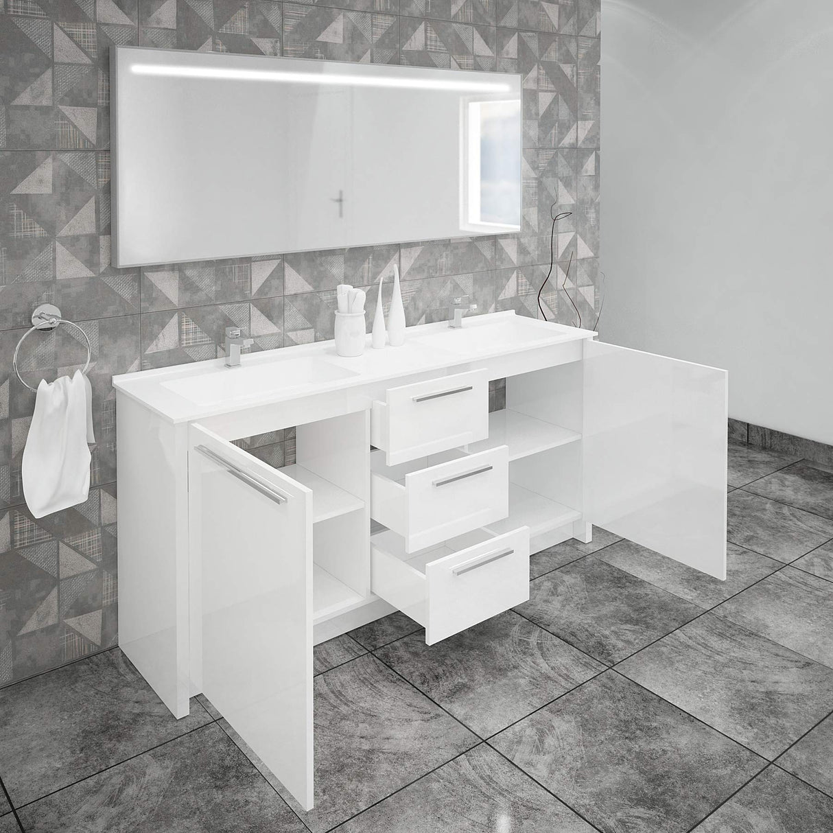 71 inch Wood Double Sink Bathroom Vanity & LED Mirror | Pre-Assembled | Acrylic