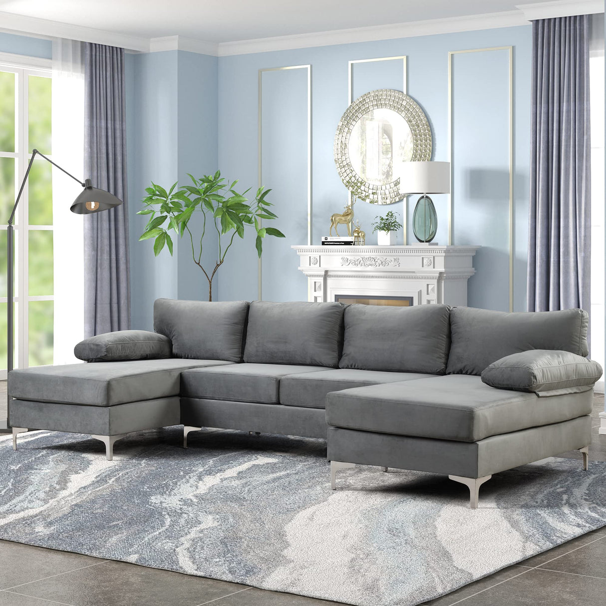 Large Velvet Fabric U-Shape Sectional Sofa, Double Extra Wide