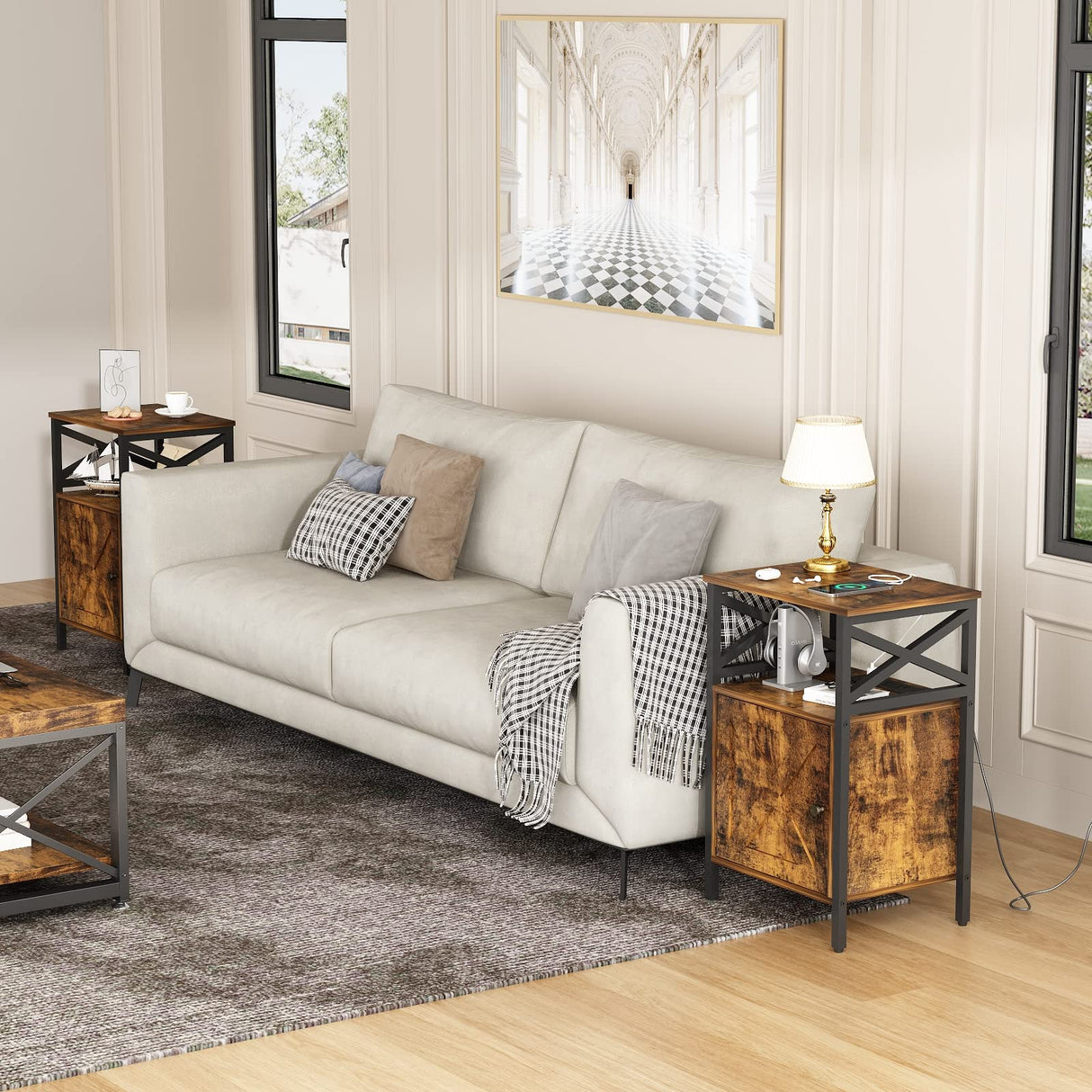 Side Table with Charging Station, End Table with Power Outlet & USB Ports, Nightstand