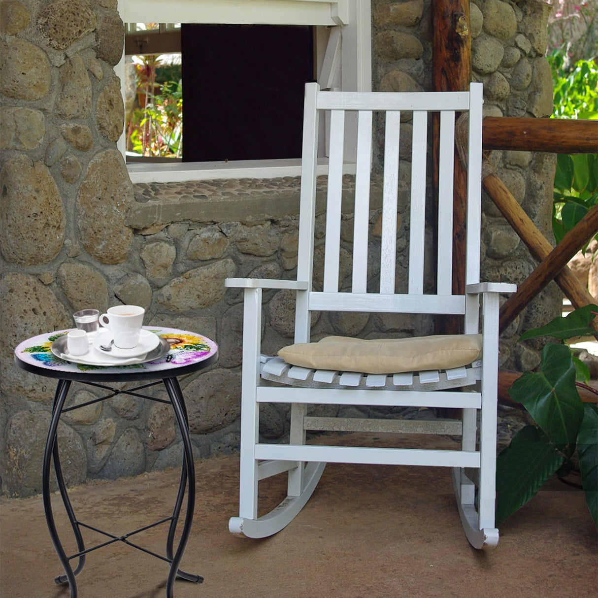 VCUTEKA Patio Side Table Plant Stands Outdoor Accent Table Small Mosaic Table Glass Top Round Balcony Coffee Table Sunflower - Bircata