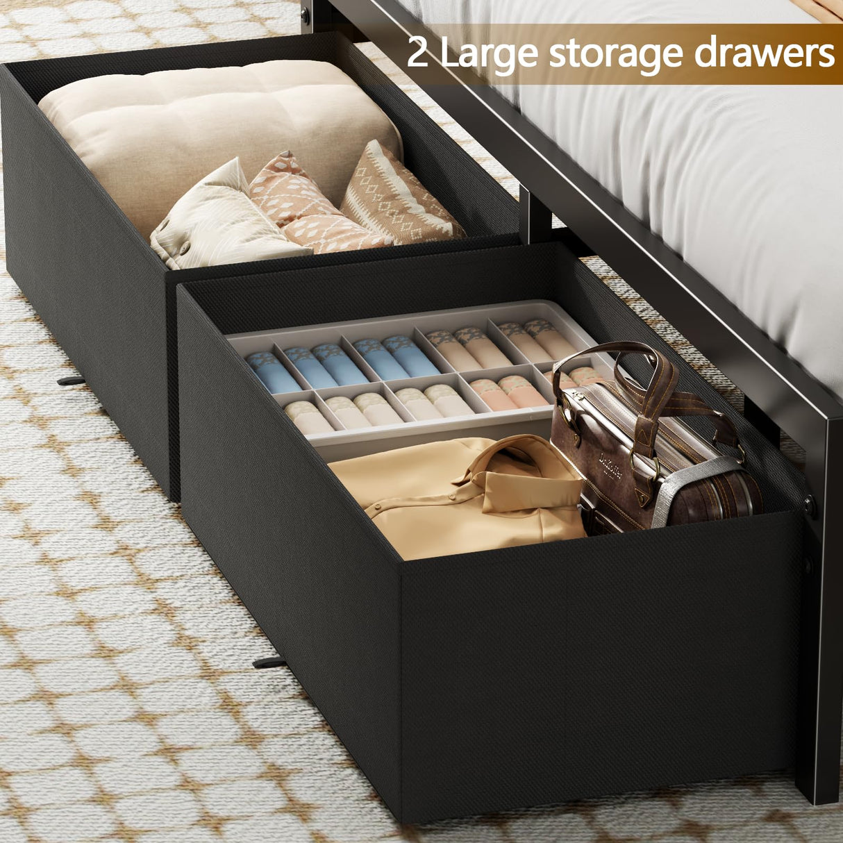 Queen Bed Frame with Storage Drawers and LED Lights