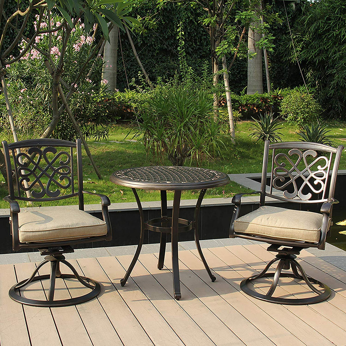 3-Piece Cast Aluminum Bistro Set with Glider Chairs and Dining Table