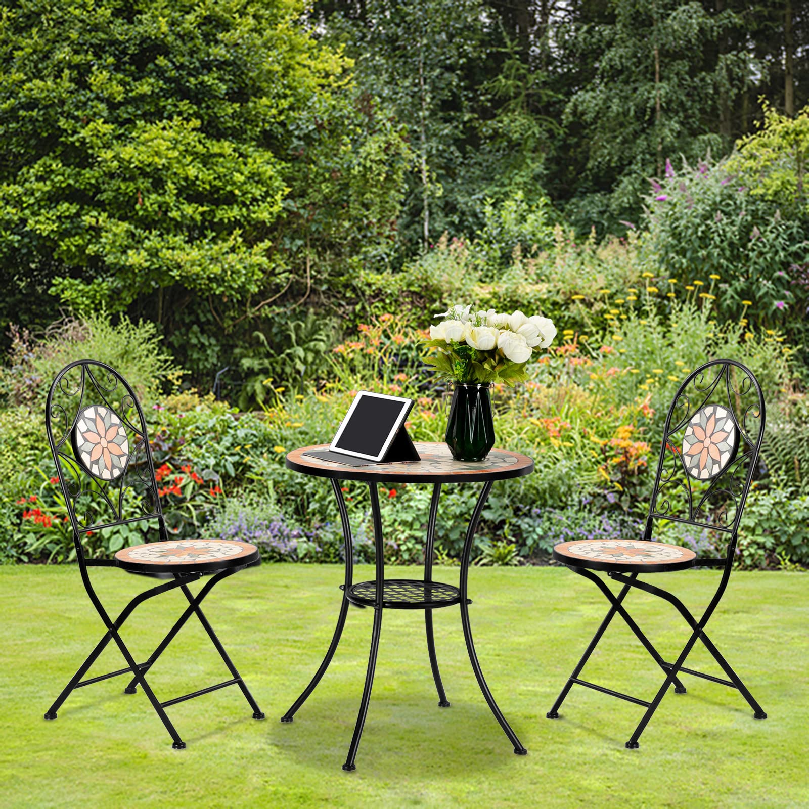 3 Pieces Garden Patio Mosaic Table, Outdoor Bistro Set with Folding Chairs