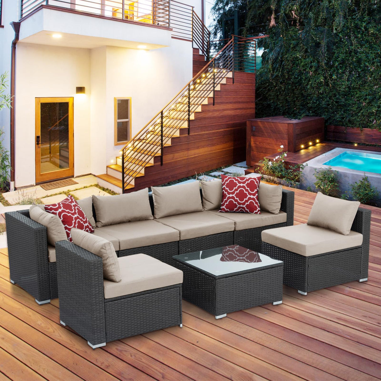 7 Piece Patio Furniture Set, All Weather Outdoor Rattan Wicker