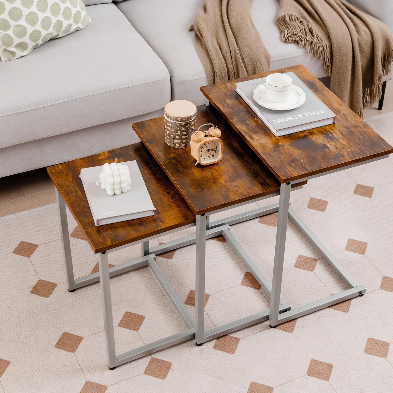 Nesting Table Set of 3, Rectangle Stacking Side End Table w/Wood Top & Metal Legs,
