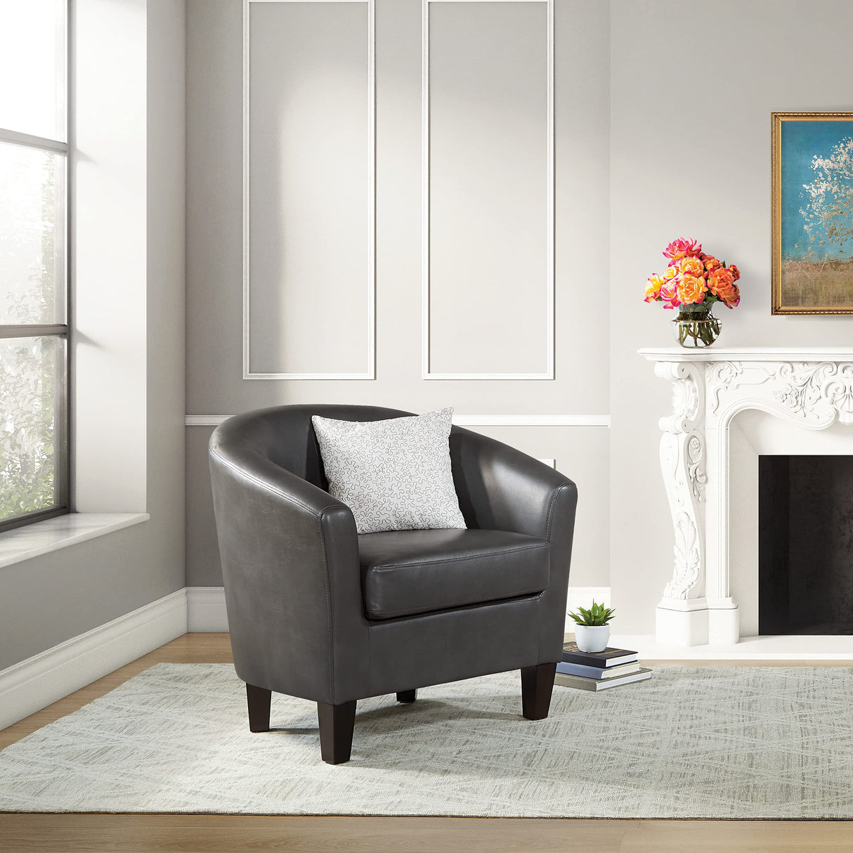Tub Accent Chair with Dark Espresso Wood Legs, Pewter Faux Leather