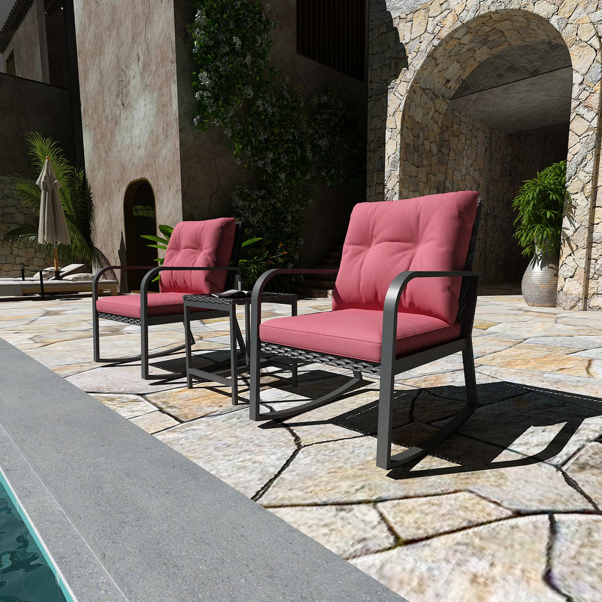 3 Pieces Patio Bistro Set Outdoor Rocking Chair w Cushion for Yard Garden Poolside (Red)