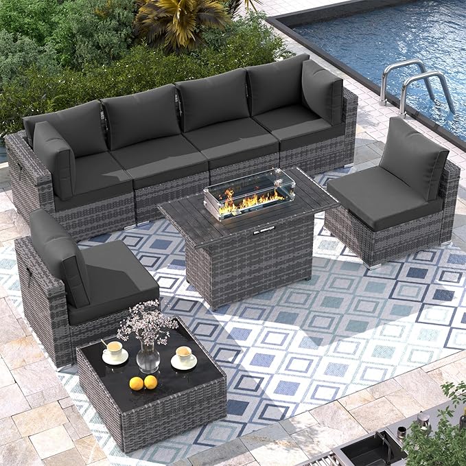 8 Piece Patio Furniture Set with 43" Fire Pit Table, Outdoor Sectional Sofa Set Heavy Duty