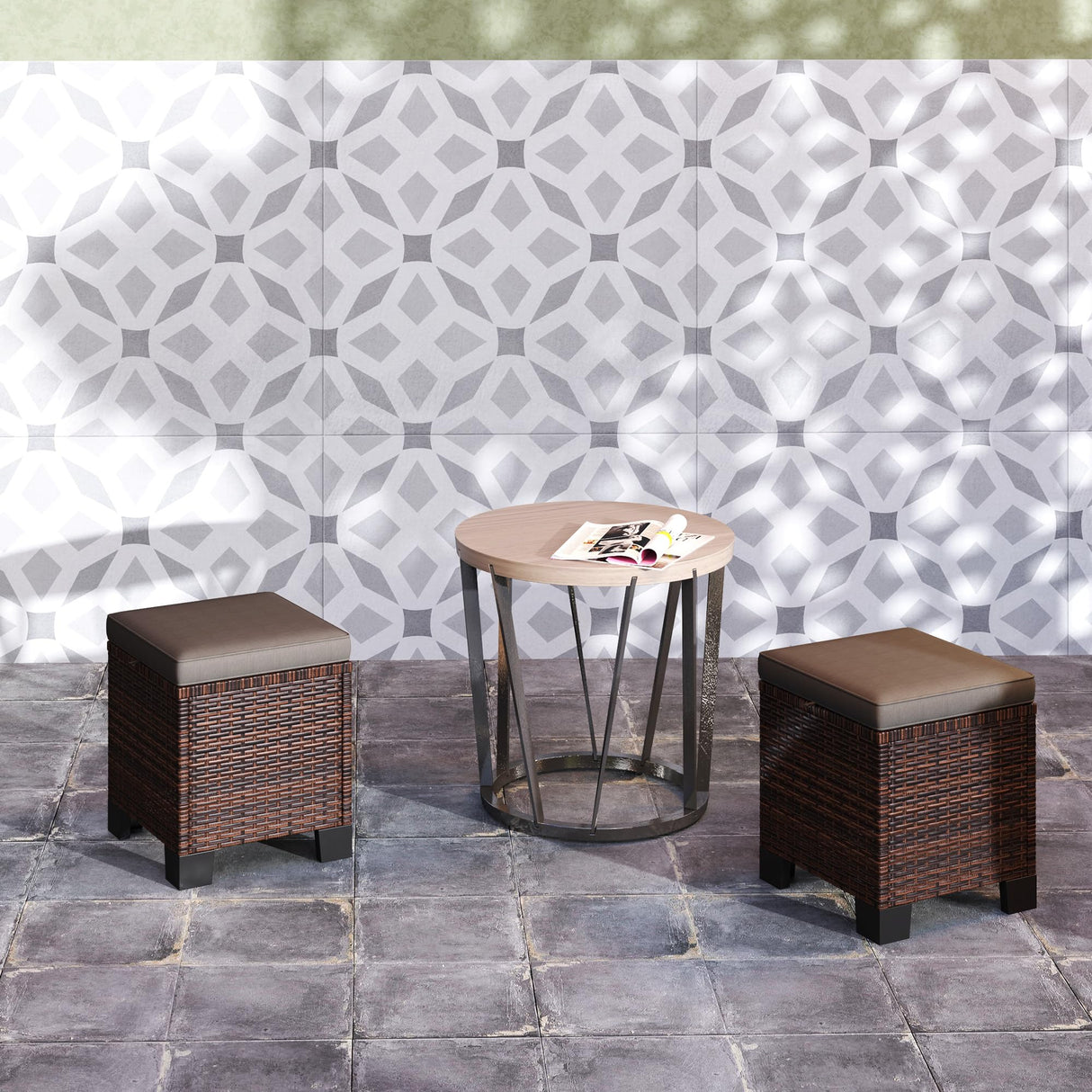 2 Pieces Outdoor Patio Ottomans, All Weather Wicker Outdoor Footstools
