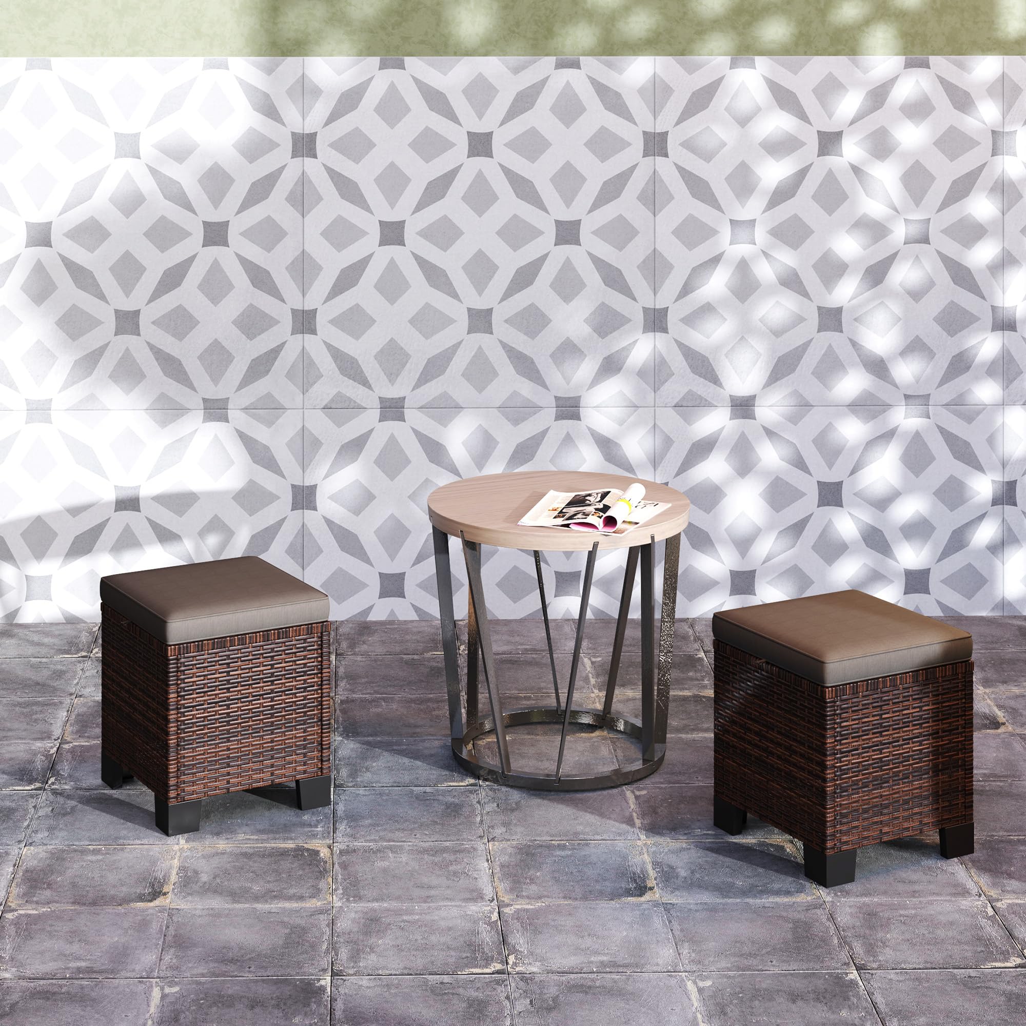 2 Pieces Outdoor Patio Ottomans, All Weather Wicker Outdoor Footstools