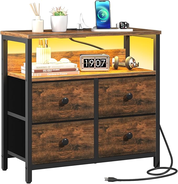 Night Stand with Charge Station, Nightstand with 4 Drawers Bedside Table, LED Dresser