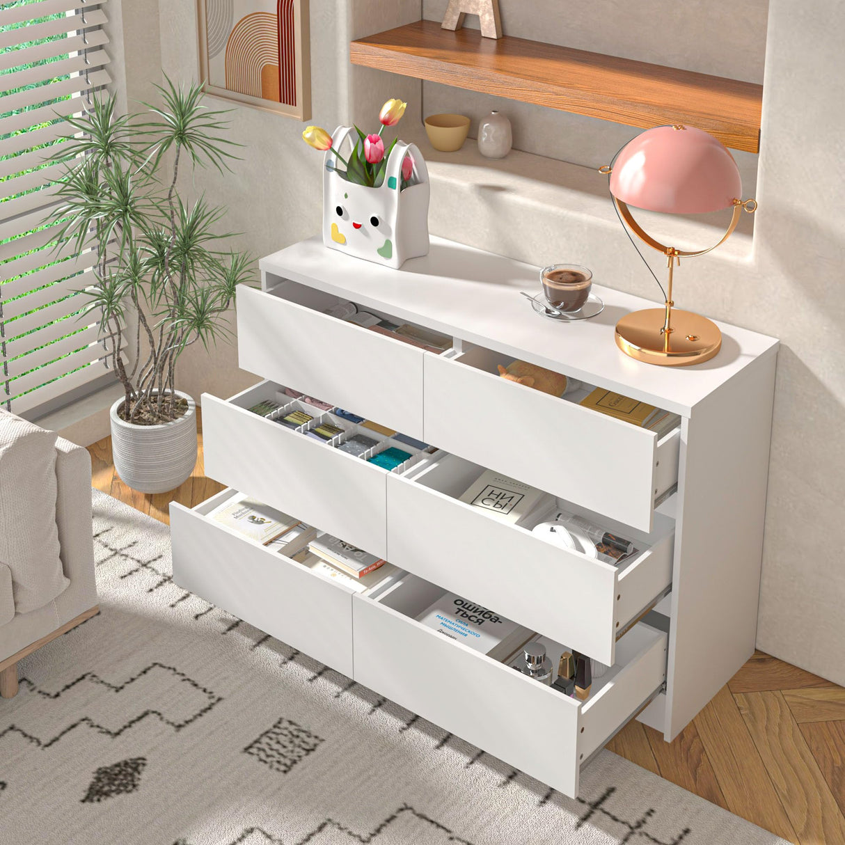 Modern White 6 Drawer Dresser for Bedroom, Living Room Chest of Drawers