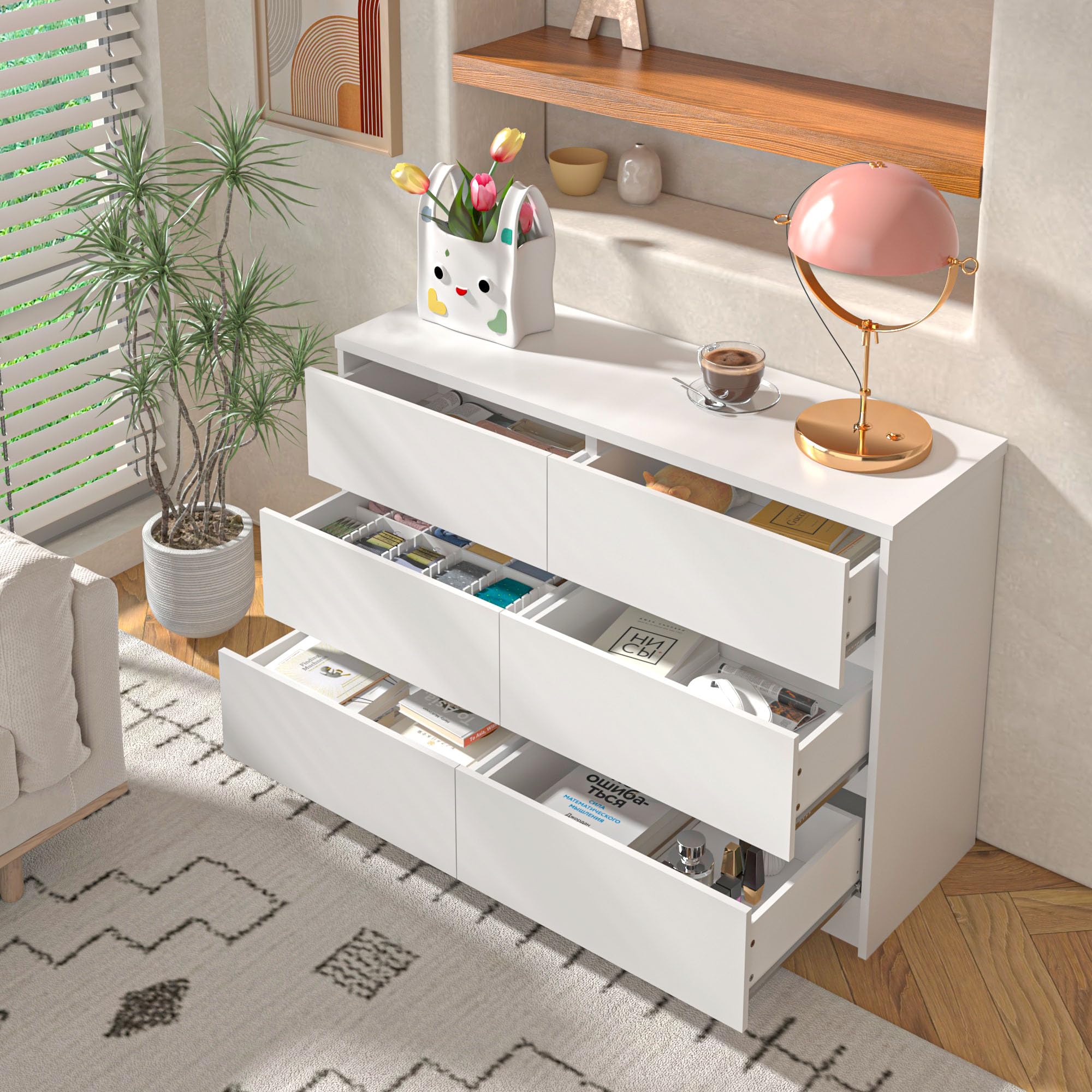 Modern White 6 Drawer Dresser for Bedroom, Living Room Chest of Drawers