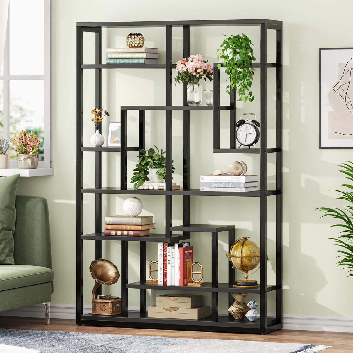 Black Bookshelf 47” Bookcase 9 Tier Tall Book Shelf Rustic Geometric Bookcase Display Shelf Organizer with Open Storage Shelf for Living Room, Industrial Wood Metal Bookshelf for Office