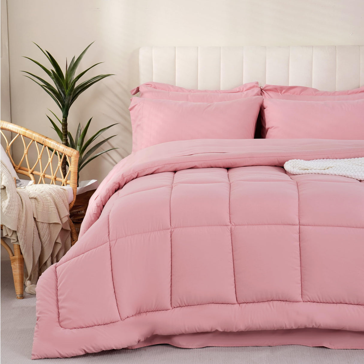 Queen Comforter Set, 7 Pieces Bedding Sets Queen Pink, All Season Down Alternative Bed in a Bag Queen