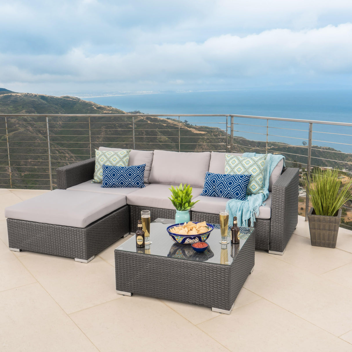 Santa Rosa Outdoor Wicker 4 Seater Sectional Conversation Set