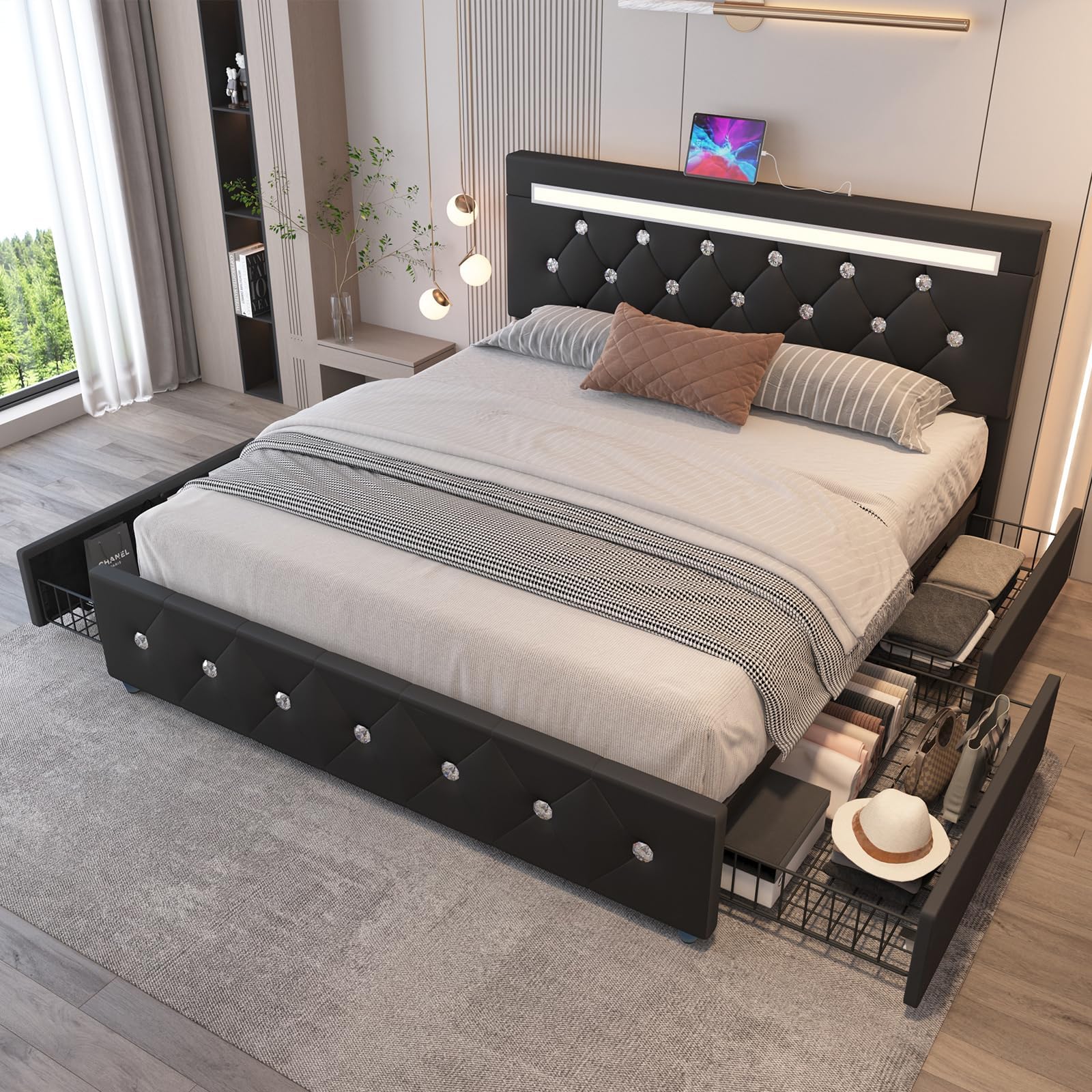 Benevika Queen Size Bed Frame with 4 Drawers and Charge Station, PU Leather Upholstered Bed with Adjustable LED Headboard, Wooden Slats Support, No Box Spring Needed, Black