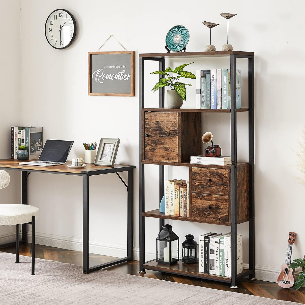 Bookshelf,4-Tier Book Shelves with 2 Storage Drawers and 1 Cabinet, Metal Frame Open BookcaseStanding Shelf Unit for Living Room, Home Office