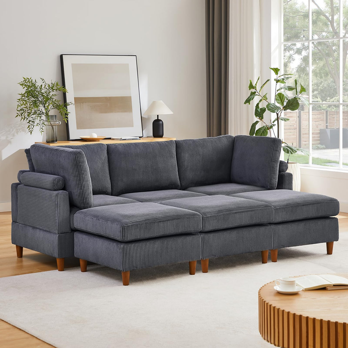 90 Inch Modular Couch, 3 Seater Corduroy Couch, Modern Convertible Sofa, Loose Back,