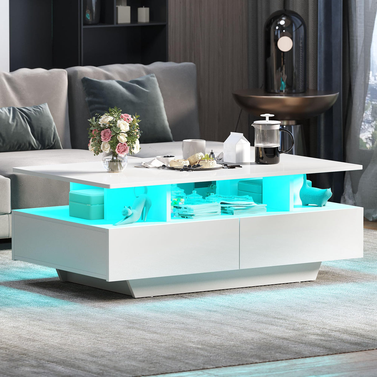 LED Coffee Table with Storage 4 Drawers, Modern High Glossy Coffee Tables