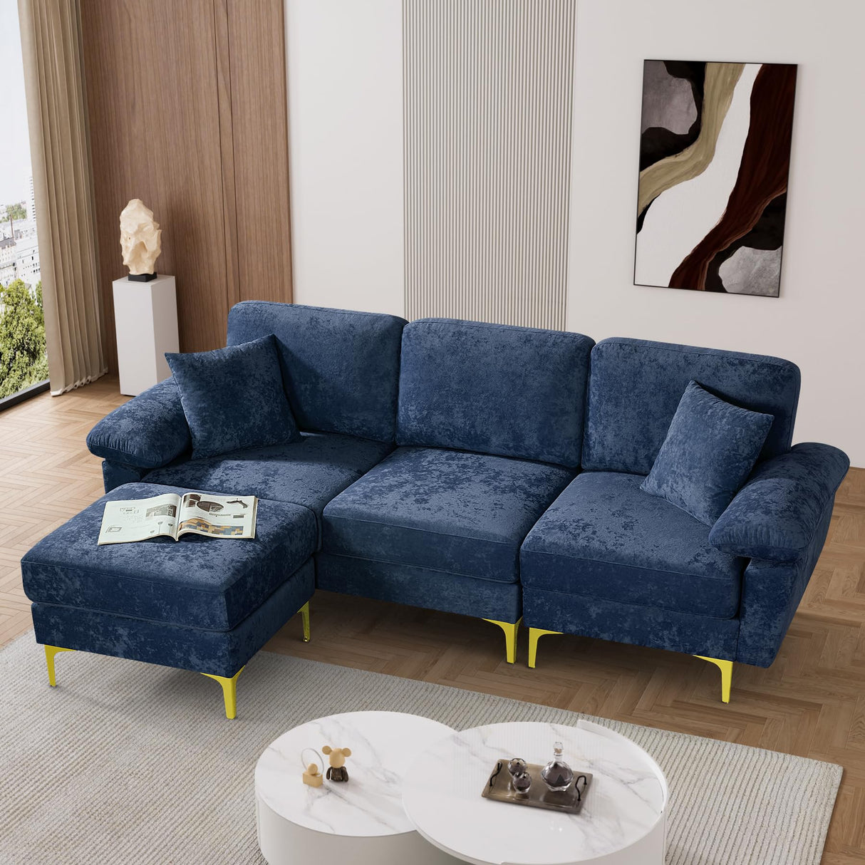 L Shaped Sectional Sofa Couch, 88.5" Comfy Upholstered Velvet 3 Seat Sofa Set