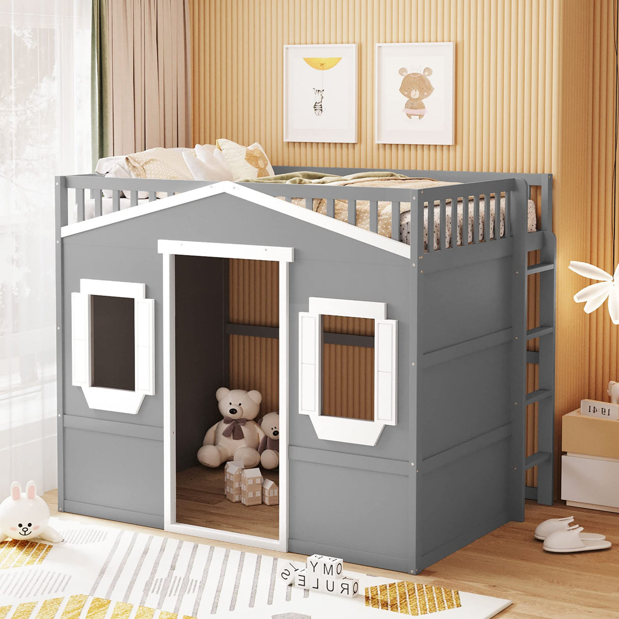 House Loft Bed Full Size Kids Playhouse Bed, Solid Wood Loft Bed Frame with Window