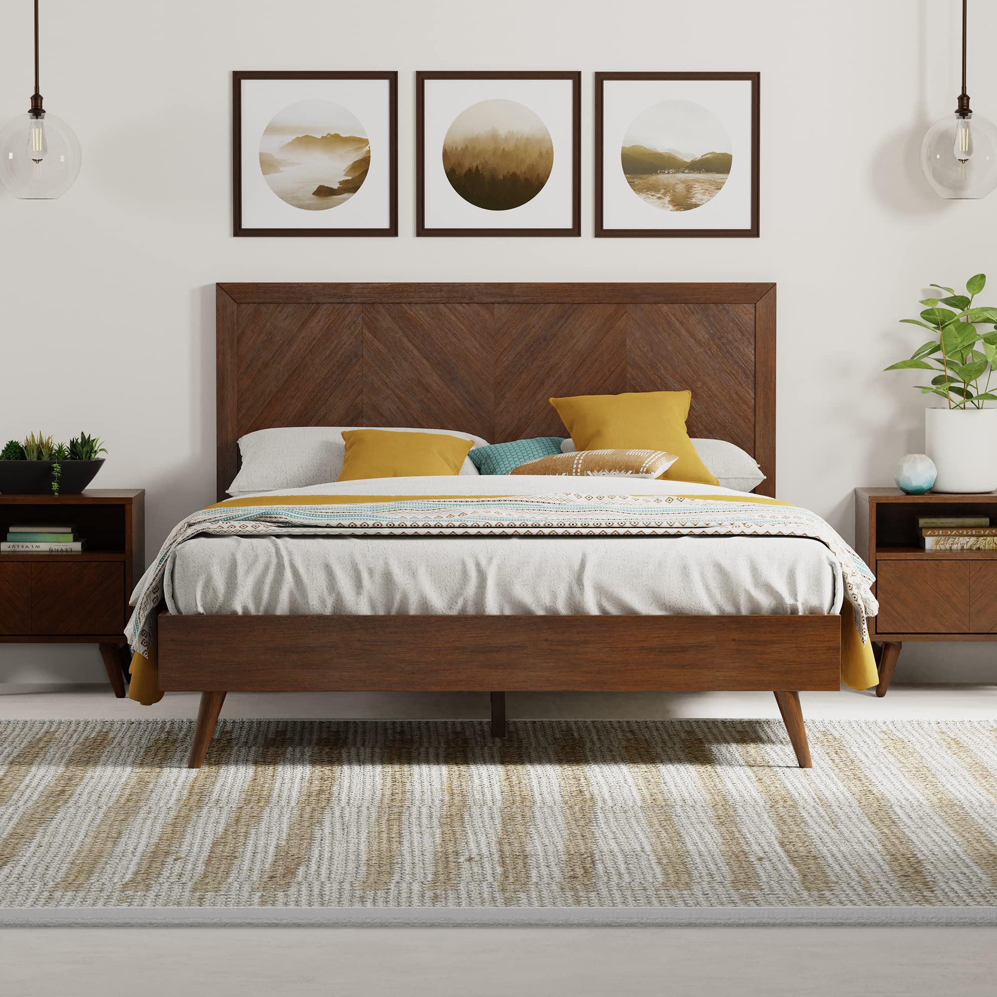 eLuxurySupply Mahogany Wood Platform Bed Frame - with Headboard - Queen, Walnut