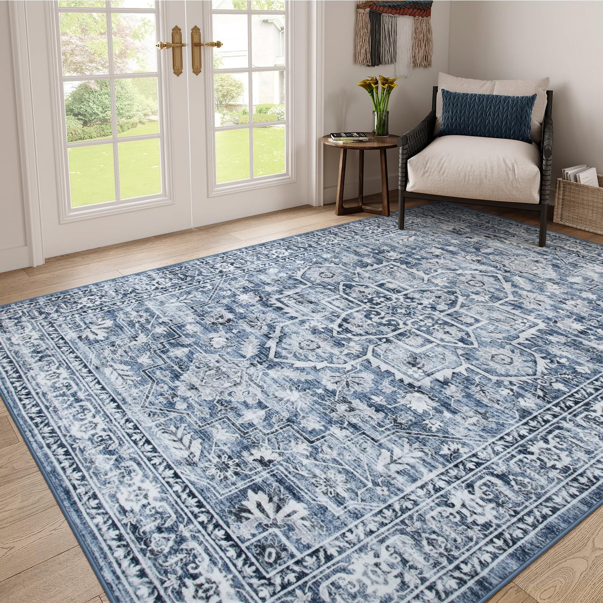 Oriental Washable Rugs 8x10, Blue 8x10 Area Rugs for Living Room Soft Ultra-Thin
