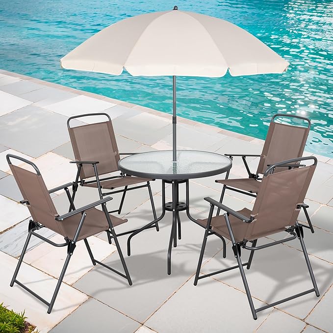6 Piece Patio Dining Set with Umbrella, Outdoor Furniture Set with 4 Folding Chairs
