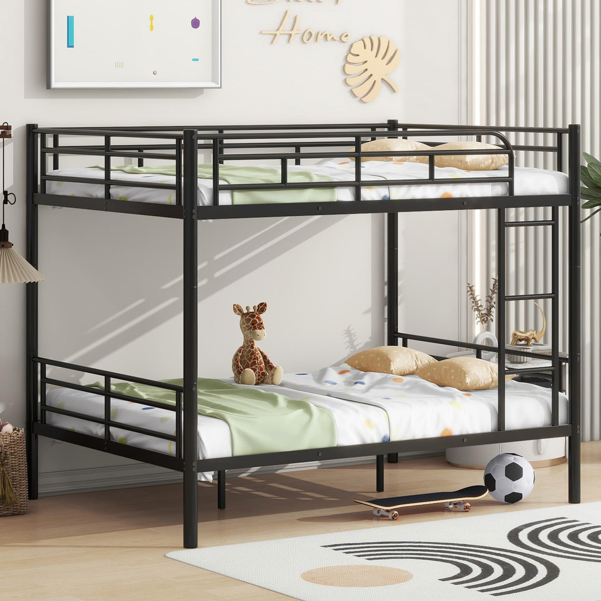 Beds with Ladder and high Guardrail, Convertible Bed Frame, Heavy Duty Metal Slat Full