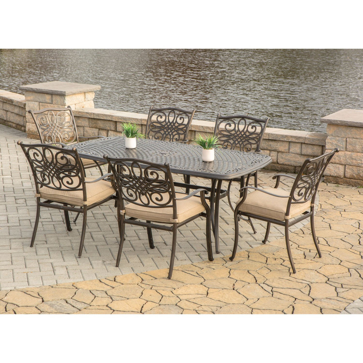Traditions 7-Piece Rust-Resistant Aluminum Outdoor Patio Dining Set with Tan Cushions