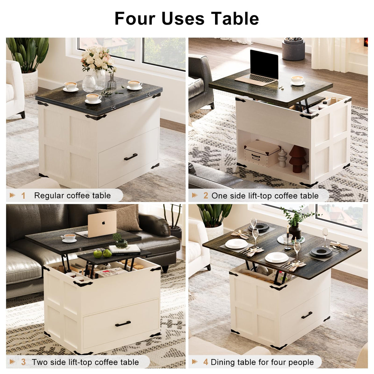 Farmhouse Coffee Table, 4 in 1 Lift Top Coffee Table, Convertible Coffee Table