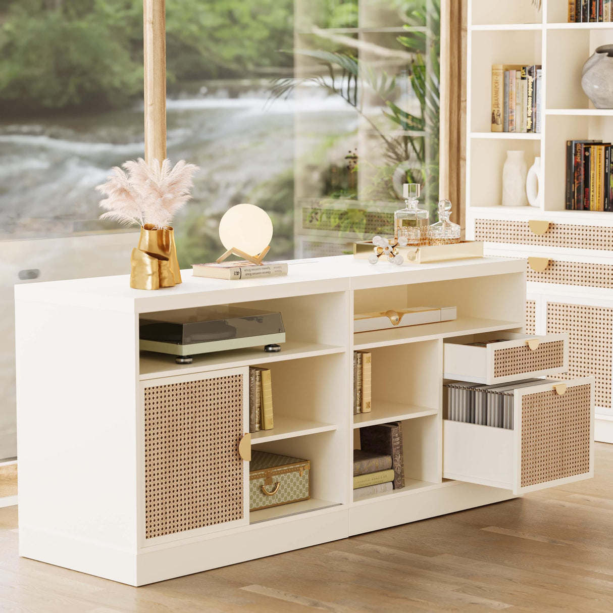 ModernMate Rattan Lateral File Cabinet, Filing Cabinet for Home Office with Adjustable Storage Shelves, 63inches Office Credenza, White Rattan