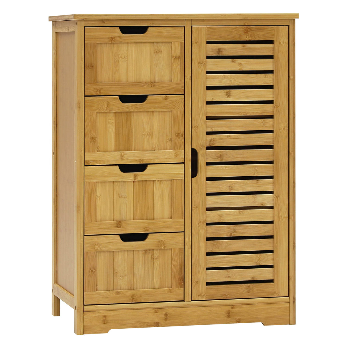 Small Storage Cabinet Bamboo with 4 Drawers and 1 Cupboard, Freestanding Compact Floor Cabinet Bamboo for Entryway
