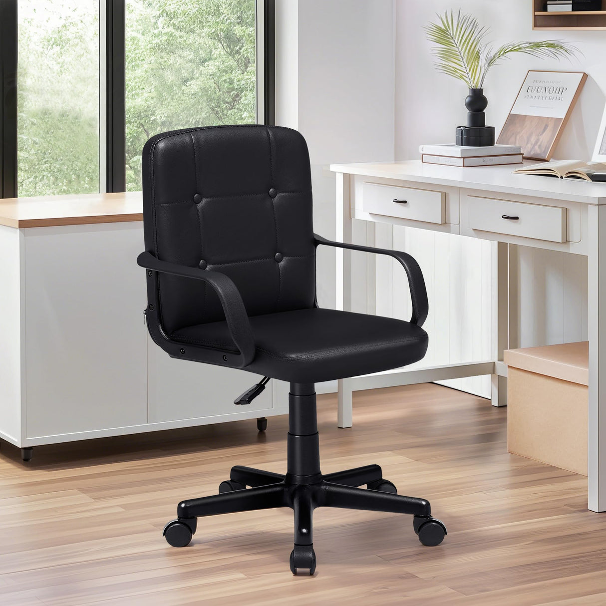, Home Office Swivel Chairs PU Leather Height Adjustable with Wheels, Black