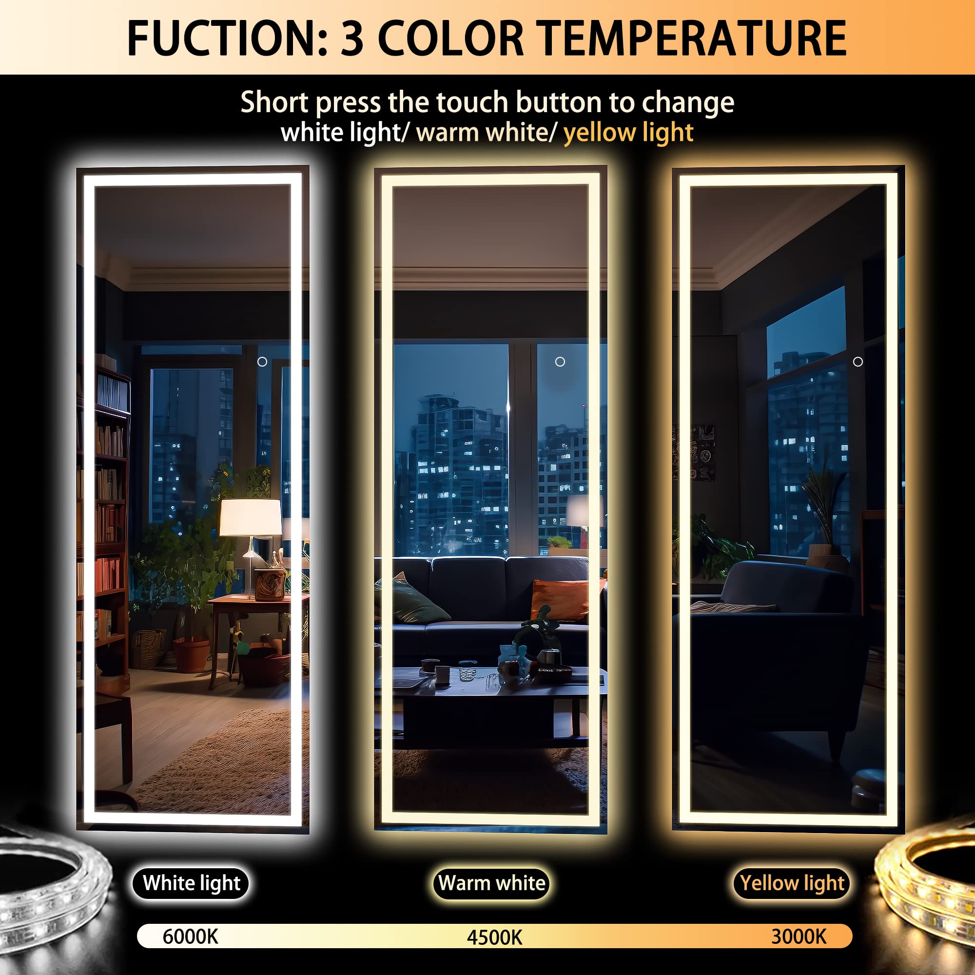 Full Length Mirror with Lights, 65" x 20" LED Floor Mirror, Full Body Dressing Standing