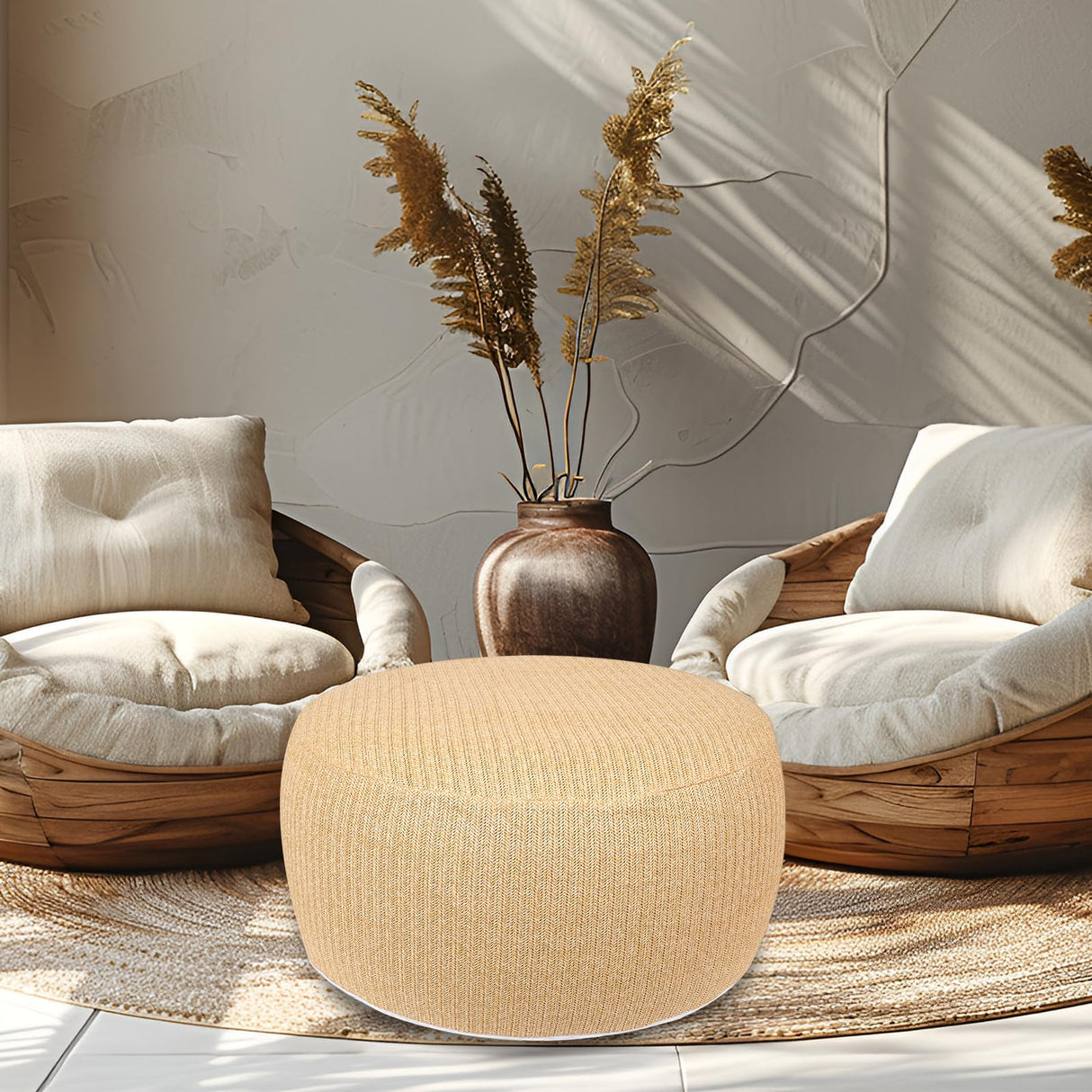 Woven Inflatable Ottoman, Fade-Resistant D31”x H14” Outdoor Indoor Pouf Patio Footrest Stool with Portable Handle, Round Ottoman for Patio Garden, Camping, Bedroom, Living Room