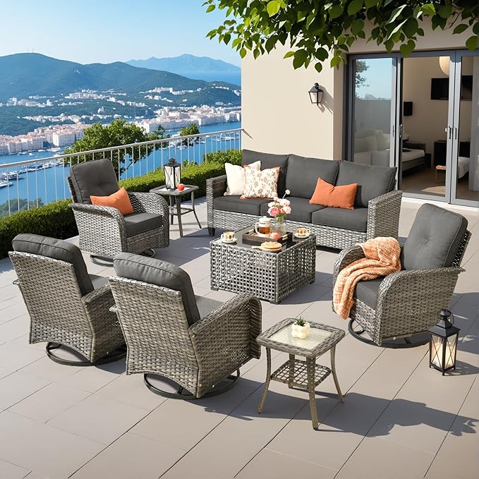 8 Pieces Patio Furniture Set Outdoor Wicker Conversation Sets with Swivel Rocking Chair