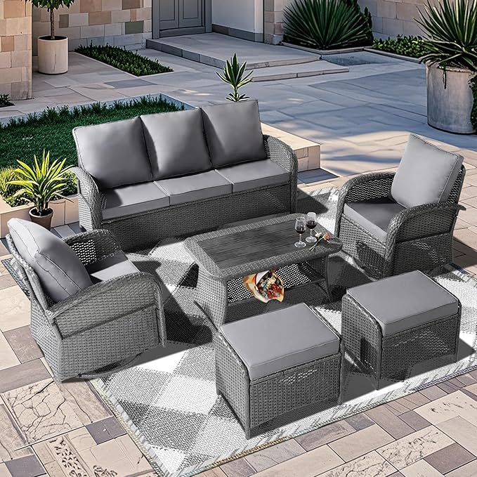 6 Pieces Patio Furniture Set with Swivel Chairs, All Weather Outdoor Rattan Conversation