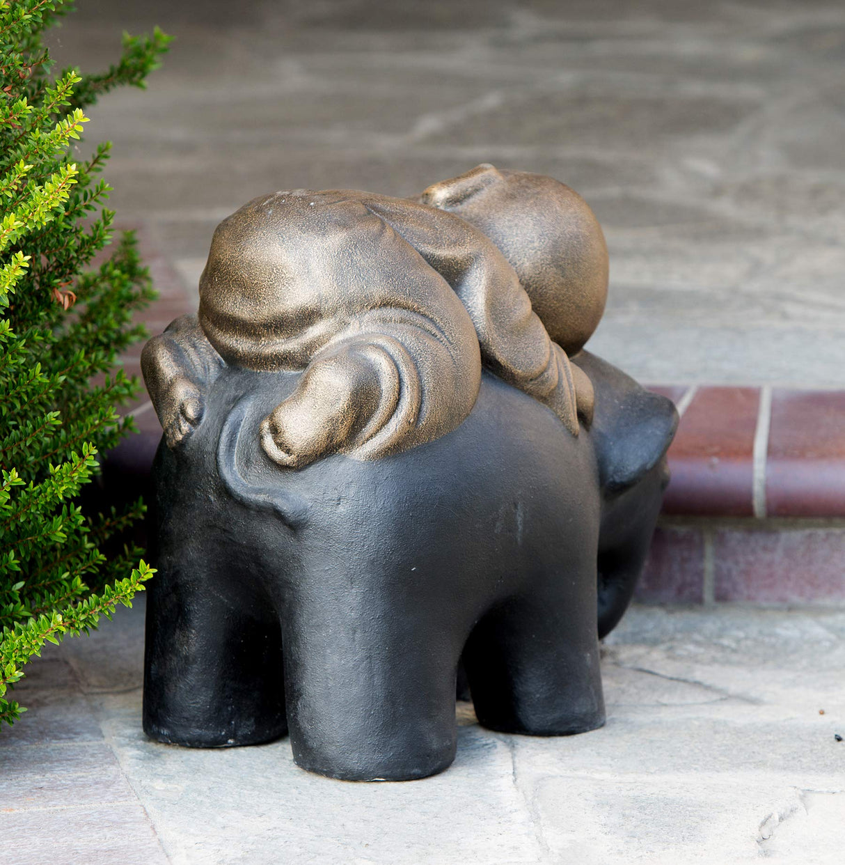 Shaolin Monk on Elephant Buddha Zen Garden Statues Good Luck Elephant - Rustic Gold