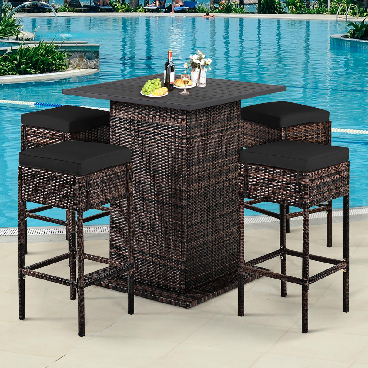 HAPPYGRILL 5 Pieces Rattan Bar Set, Outdoor Wicker Bar Table and 4 Bar Stools, Heavy-Duty Steel Frame, Patio Bar Furniture Set with Cushions, Black