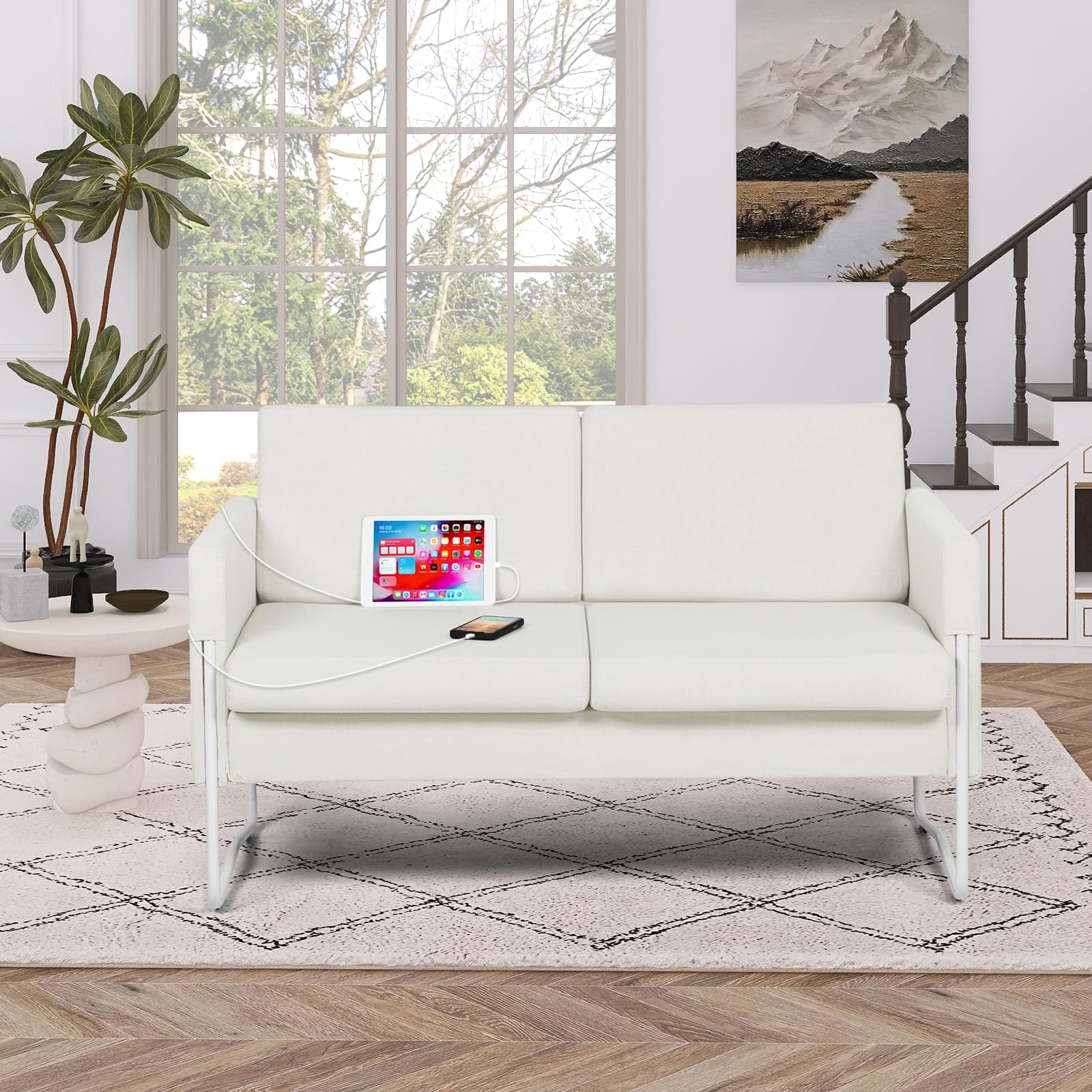 51” Small Loveseat Sofa for Small Spaces, Comfy Beige Couch with 2 USB Ports