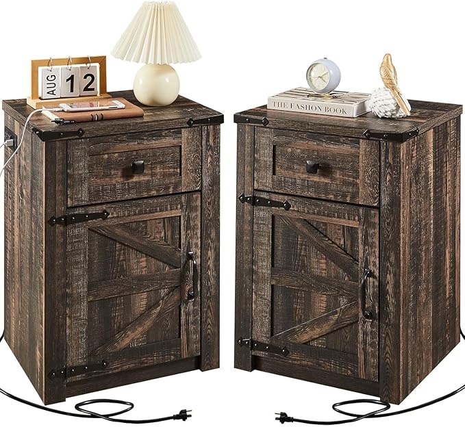 Set of 2, Nightstand with Charging Station