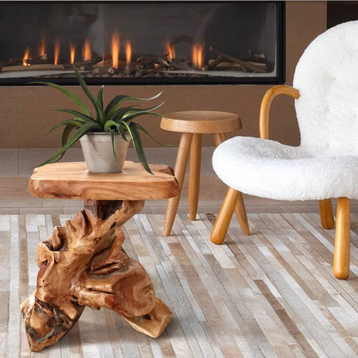 Tree Stump End Table Live Edge Plant Stand 14"x13"x18"H Solid Cedar Wood Outdoor Rustic