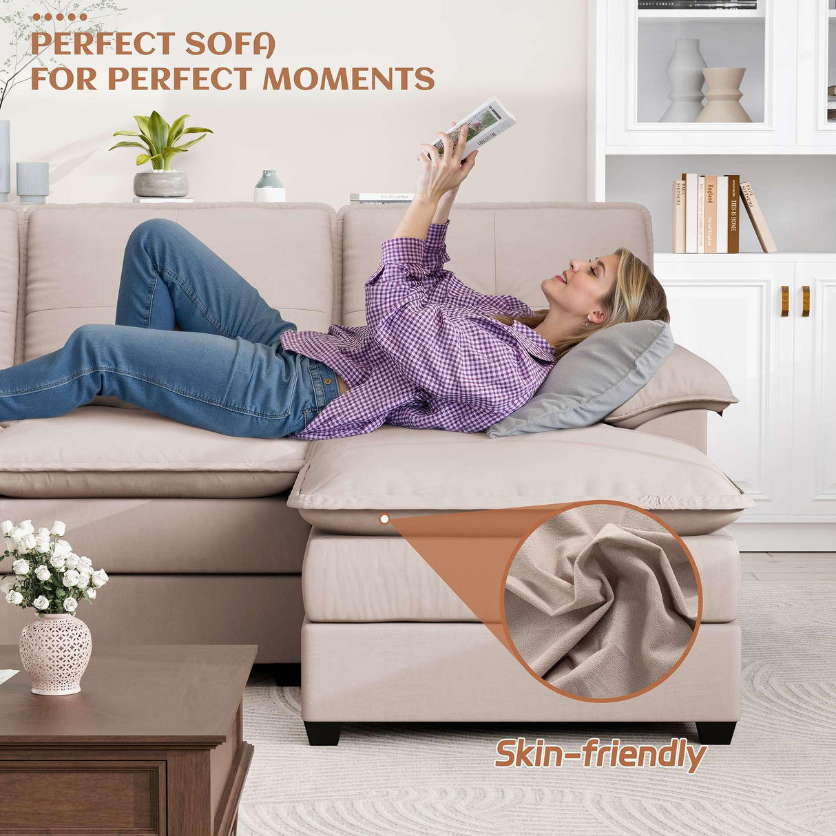 Vongrasig Sectional Couches for Living Room, Comfy Cloud Couch with Chaise 110" U-Shaped Sofa 4-seat Modular Sofa Large Sectional Couch with Ottoman for Living Room (Khaki)