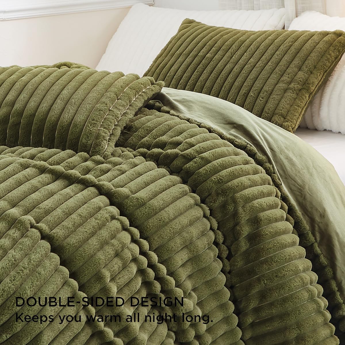 Fluffy Faux Fur Duvet Cover Queen Size Velvet Flannel Olive Green Striped Reversible Comforter