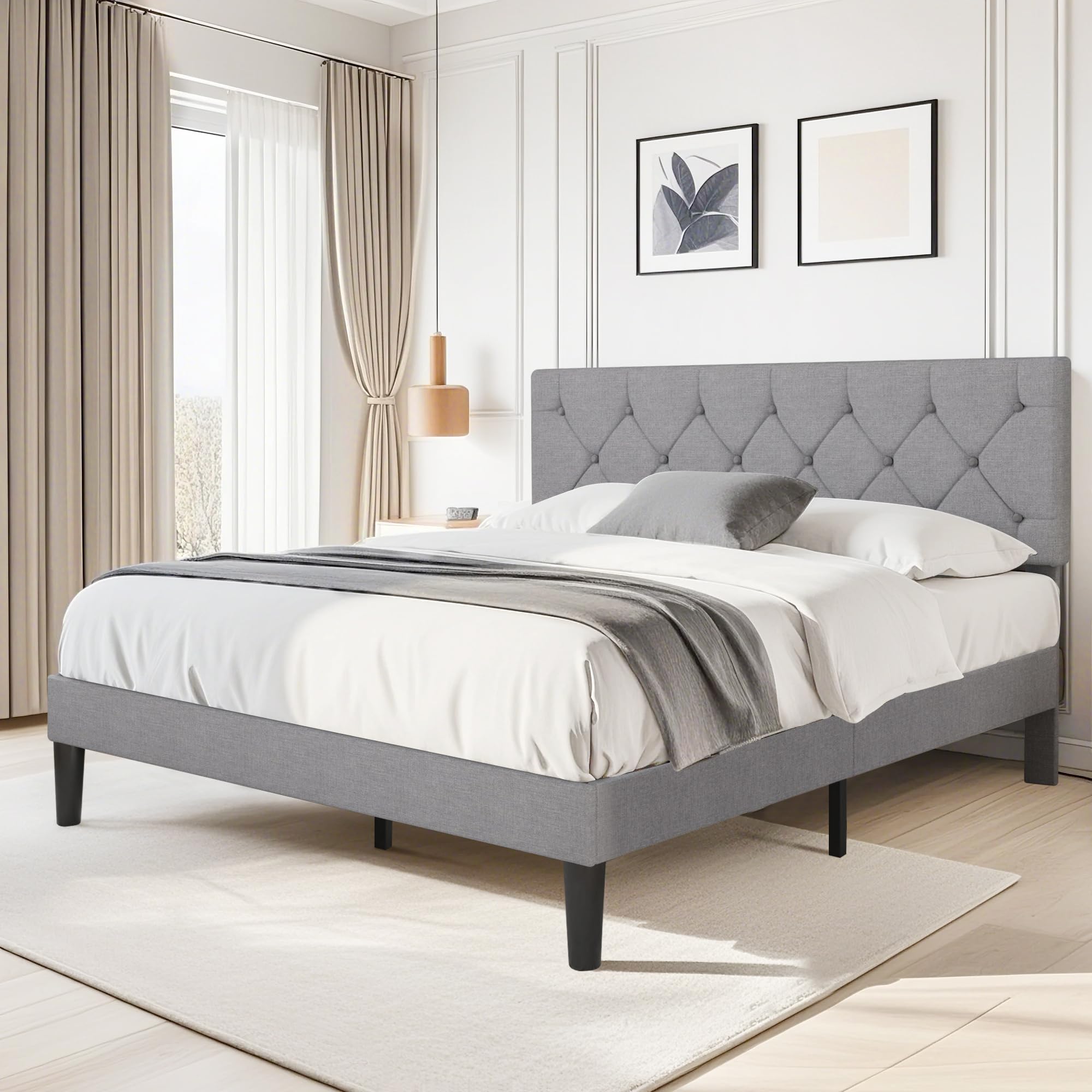 Queen Bed Frame with Button Tufted Headboard
