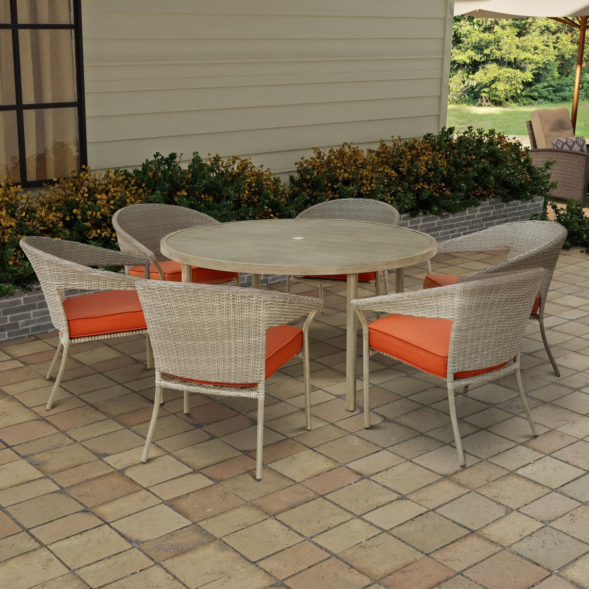 7-Piece Outdoor Patio Wicker Dining Set, Round Table with Umbrella Hole