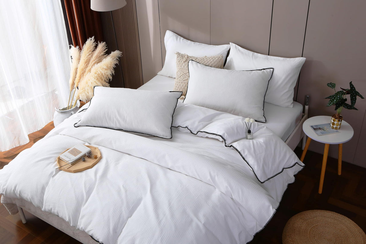 Vintage Oeko Certified Duvet Cover Set, White Waffle Pattern, Elegant Design (King)