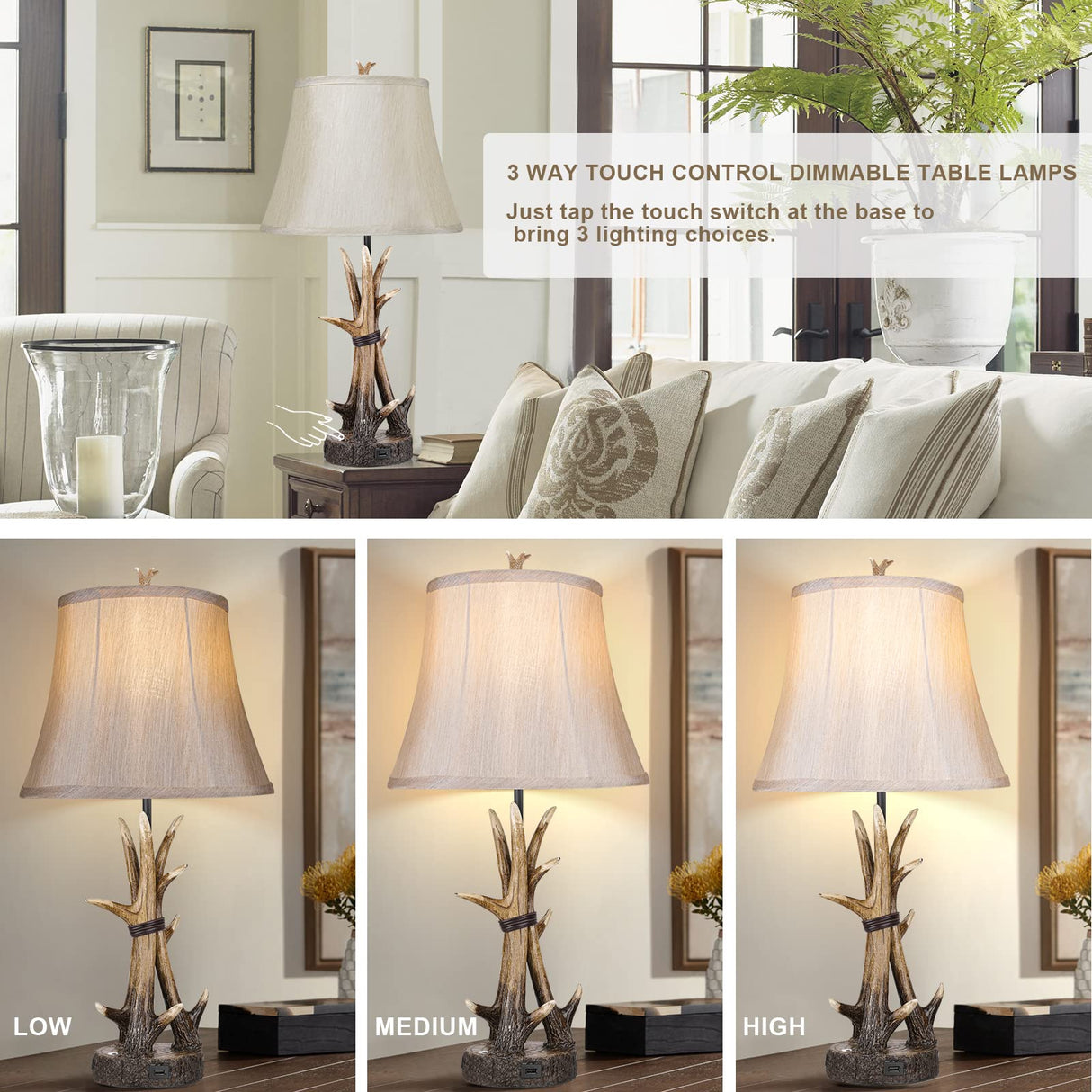 Rustic Antler Table Lamps Set of 2 with USB Charging Ports